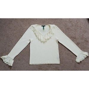 Lauren Ralph Lauren Crochet Ruffle Front & Sleeves Beige Sweatshirt Size XL